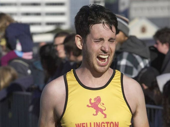 Karl celebrating at Wellington Marathon